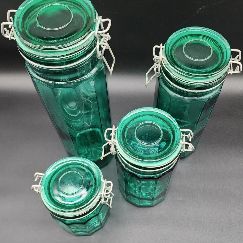 Unbranded Set of 4 Green Glass Octagonal Canisters Wire Bail Lids Vintage Style